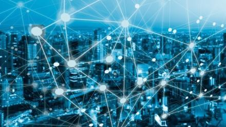 Double exposure global concept of business and technology network on city background