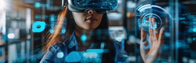 Developer of the STEM platform, future skills Manpower for Asians Young woman working at home office Wearing a VR headset, typing test game on AI IT cyber security